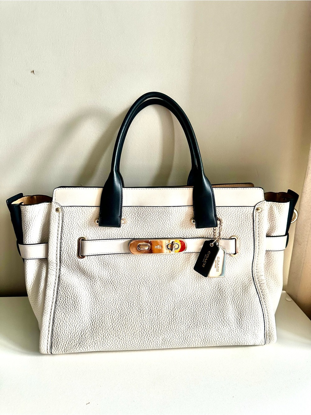 Coach White Leather Satchel with Black Handles and Gold Hardware